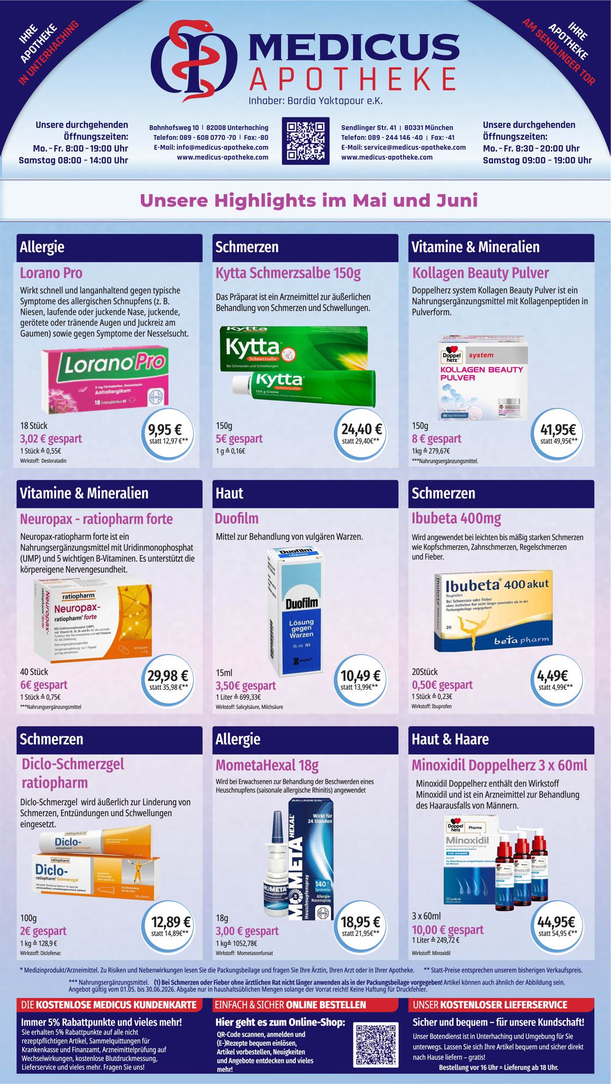 Monatlicher Angebotsflyer der Apotheke mit Informationen zu Öffnungszeiten, Leistungen, Aktionen und wechselnden Produktangeboten aus Bereichen wie Gesundheit, Pflege und Selbstmedikation.
